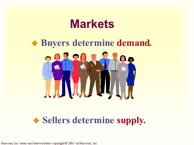 Markets   Buyers determine demand.  Sellers determine supply.